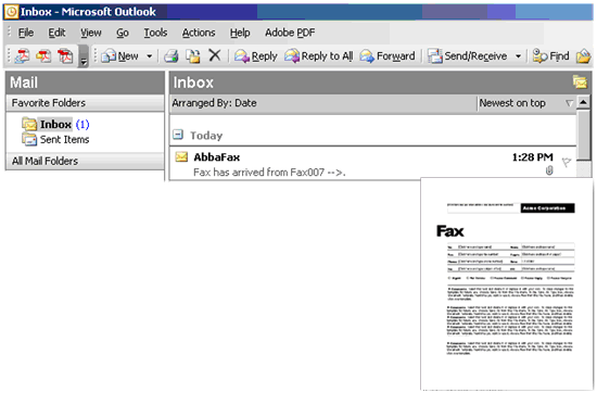 outlook screen to illustrate fax received in outlook inbox using fax007 efax service